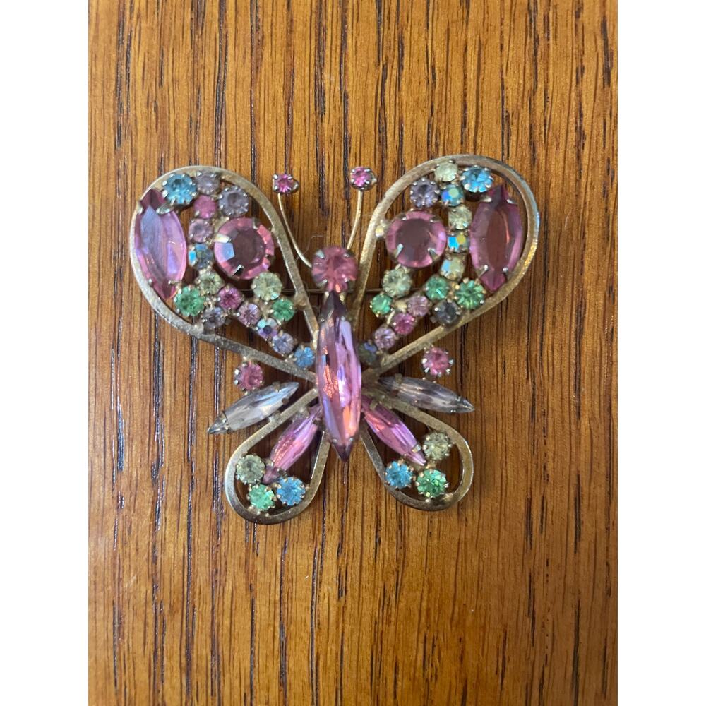 Regency Mid-Century Butterfly Brooch Pink Rhinestone Vintage Jewelry Vintage